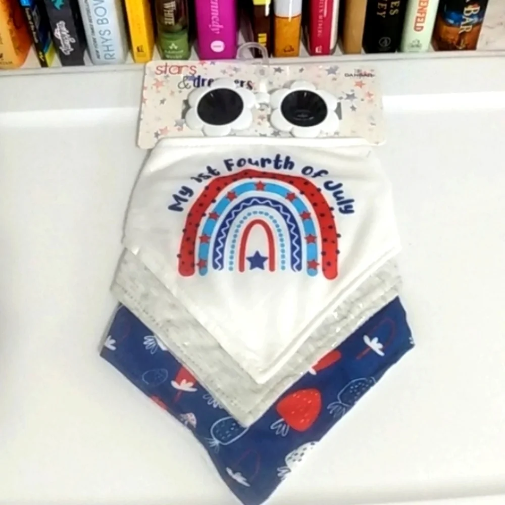STARS & DREAMERS GIRL'S JULY 4TH SUNGLASSES AND BANDANA BIBS 4 PIECE SET NWT